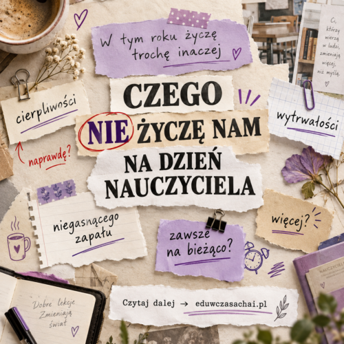Kolaż z napisem „Czego nie życzę nam na Dzień Nauczyciela” i fragmentami typowych życzeń: cierpliwości, wytrwałości i niegasnącego zapału
